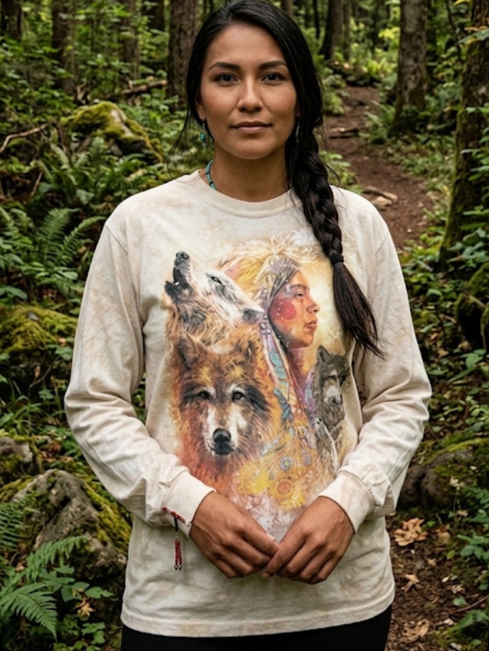 Native American and Wolf Graphic Long Sleeve Shirt